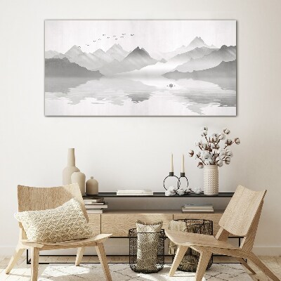 A peaceful mountain landscape in monochrome Glass Wall Art
