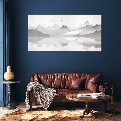 A peaceful mountain landscape in monochrome Glass Wall Art