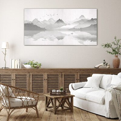 A peaceful mountain landscape in monochrome Glass Wall Art