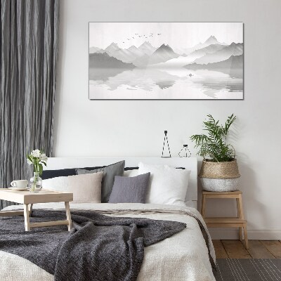 A peaceful mountain landscape in monochrome Glass Wall Art