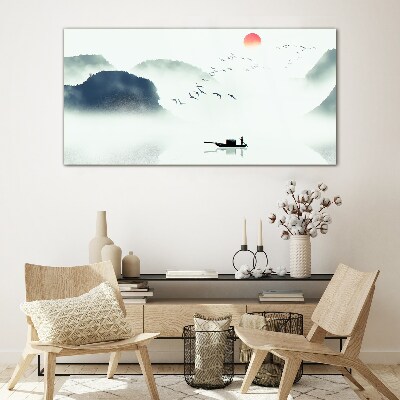 A quiet morning by the lake Glass Wall Art