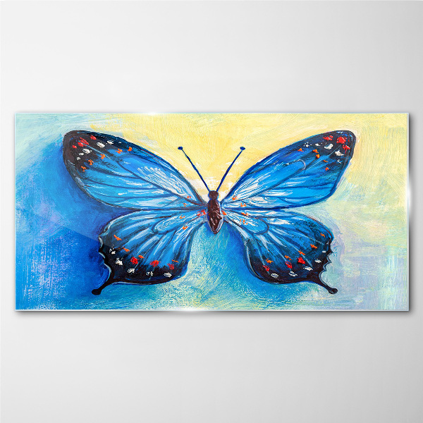 Blue butterfly on abstract background Glass Wall Art