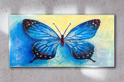 Blue butterfly on abstract background Glass Wall Art