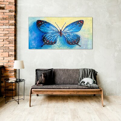 Blue butterfly on abstract background Glass Wall Art