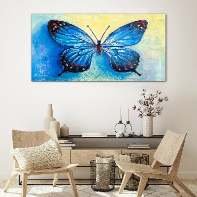 Blue butterfly on abstract background Glass Wall Art