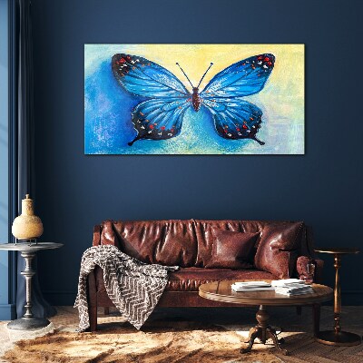 Blue butterfly on abstract background Glass Wall Art