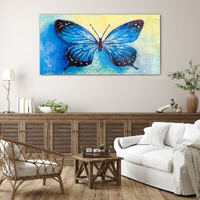 Blue butterfly on abstract background Glass Wall Art