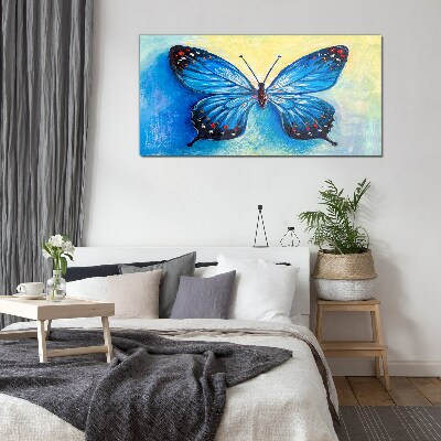 Blue butterfly on abstract background Glass Wall Art
