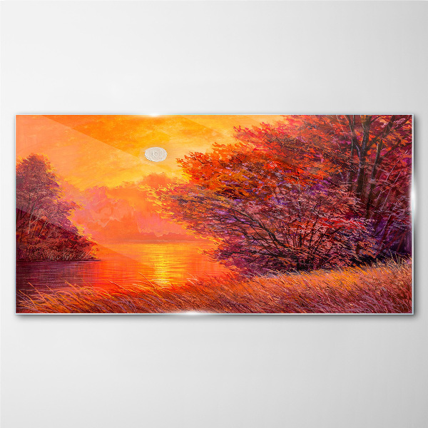 Golden hour at the lake Glass Wall Art