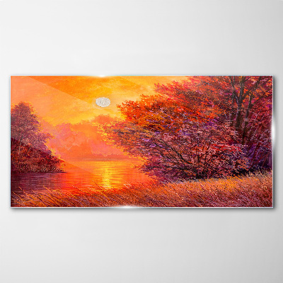 Golden hour at the lake Glass Wall Art