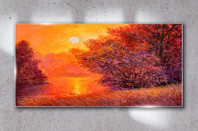 Golden hour at the lake Glass Wall Art