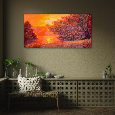 Golden hour at the lake Glass Wall Art