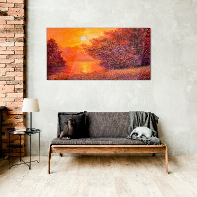 Golden hour at the lake Glass Wall Art