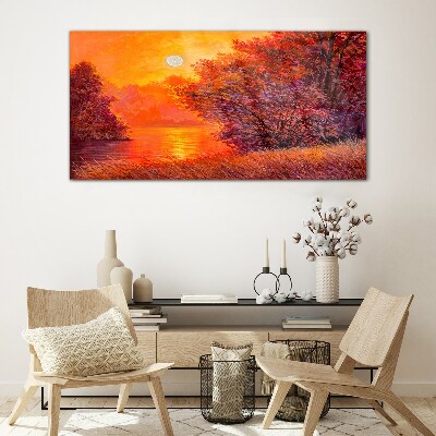 Golden hour at the lake Glass Wall Art