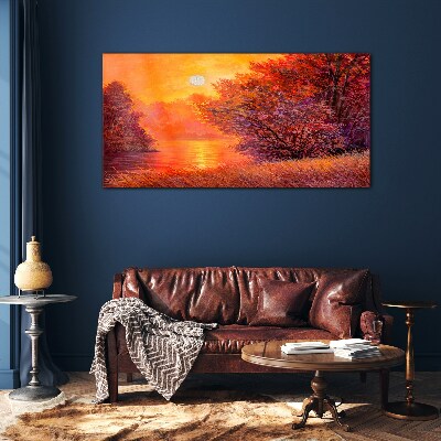 Golden hour at the lake Glass Wall Art