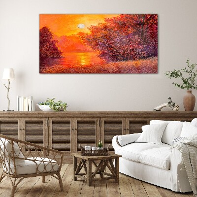 Golden hour at the lake Glass Wall Art