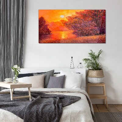 Golden hour at the lake Glass Wall Art