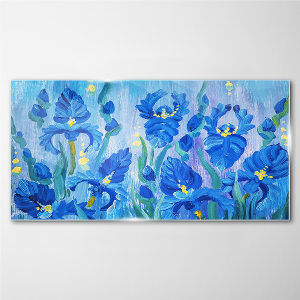 Blue irises against the blue background Glass Wall Art
