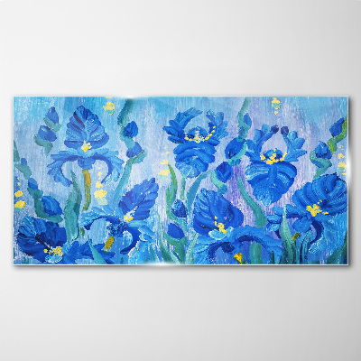 Blue irises against the blue background Glass Wall Art