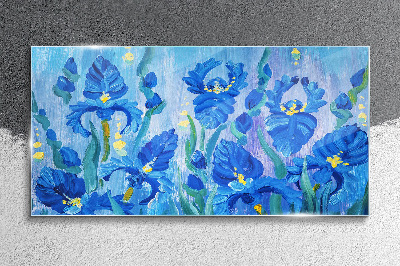 Blue irises against the blue background Glass Wall Art