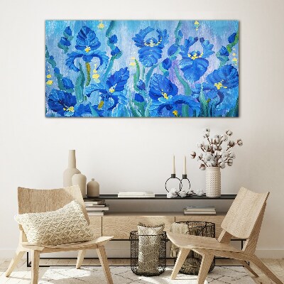 Blue irises against the blue background Glass Wall Art