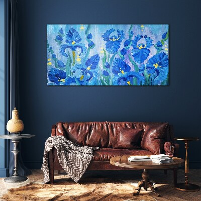 Blue irises against the blue background Glass Wall Art