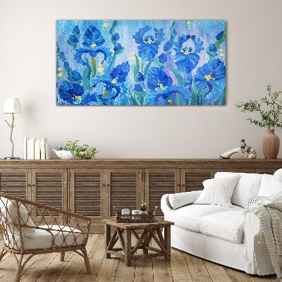 Blue irises against the blue background Glass Wall Art