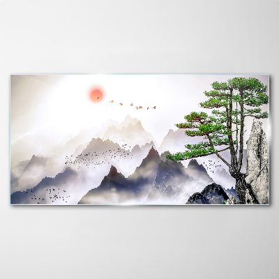 Mountains and birds in the morning light Glass Wall Art