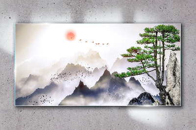 Mountains and birds in the morning light Glass Wall Art