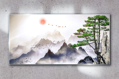Sun mountain mist tree Glass Wall Art