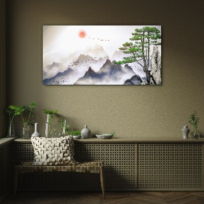Mountains and birds in the morning light Glass Wall Art