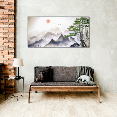 Mountains and birds in the morning light Glass Wall Art