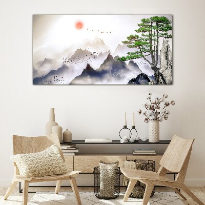 Mountains and birds in the morning light Glass Wall Art
