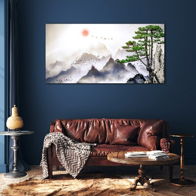Mountains and birds in the morning light Glass Wall Art