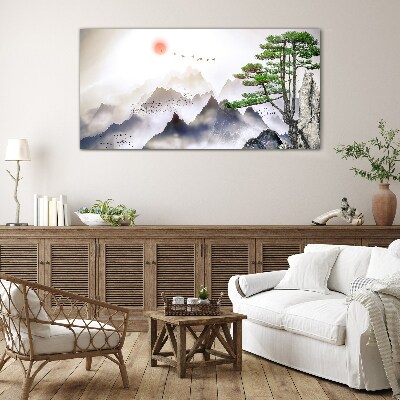 Mountains and birds in the morning light Glass Wall Art