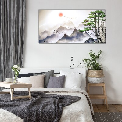 Mountains and birds in the morning light Glass Wall Art