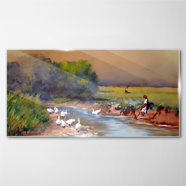 A peaceful landscape with ducks by the river Glass Wall Art