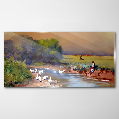 A peaceful landscape with ducks by the river Glass Wall Art