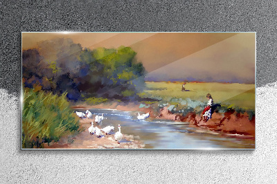 A peaceful landscape with ducks by the river Glass Wall Art