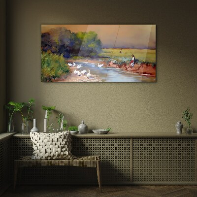 A peaceful landscape with ducks by the river Glass Wall Art