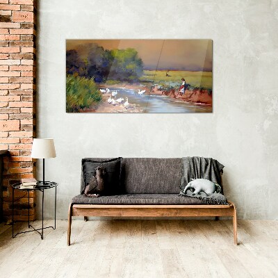 A peaceful landscape with ducks by the river Glass Wall Art