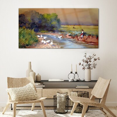 A peaceful landscape with ducks by the river Glass Wall Art