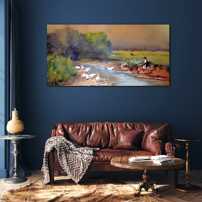 A peaceful landscape with ducks by the river Glass Wall Art