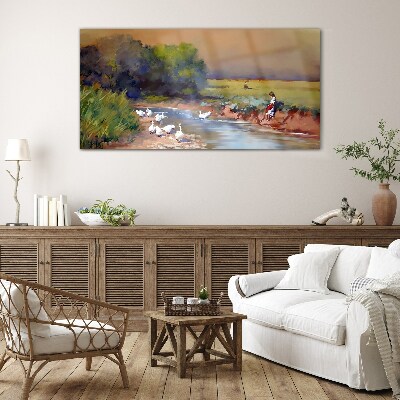 A peaceful landscape with ducks by the river Glass Wall Art