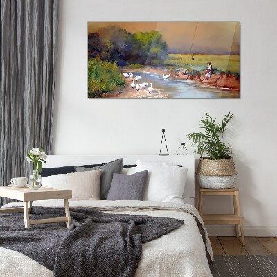 A peaceful landscape with ducks by the river Glass Wall Art