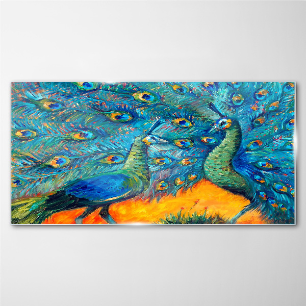 Dancing peacocks in a colorful display Glass Wall Art