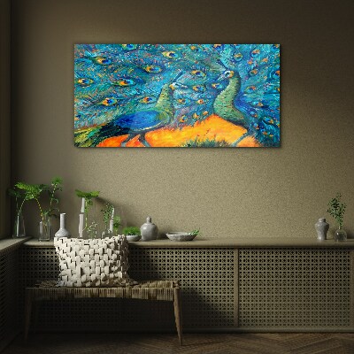 Dancing peacocks in a colorful display Glass Wall Art