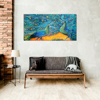 Dancing peacocks in a colorful display Glass Wall Art