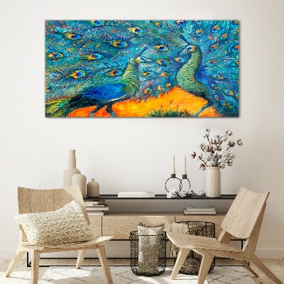 Dancing peacocks in a colorful display Glass Wall Art