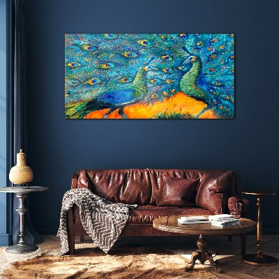 Dancing peacocks in a colorful display Glass Wall Art